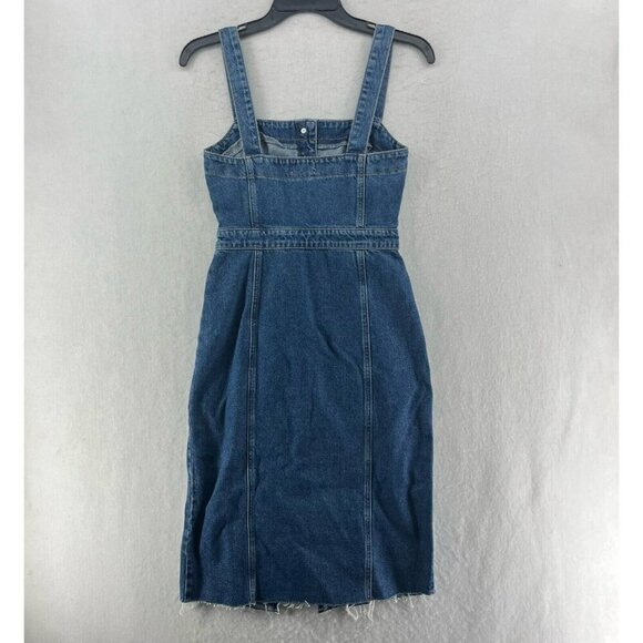 River Island Overall Dress Women's 4 Blue Denim Sleeveless Button Front Raw Hem - Picture 2 of 12